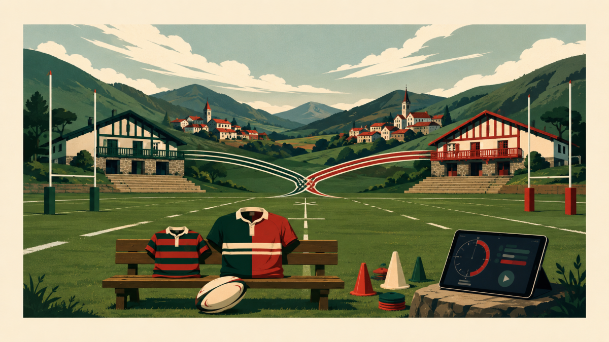 Terrain de rugby basque reliant deux villages, maillots jeunes et adultes, ballon et minuterie numérique.