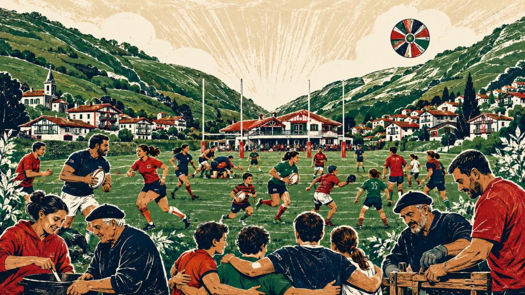 Rugby basque entre deux vallées avec équipes seniors, féminines, jeunes et bénévoles.